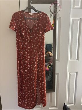 Lucky Brand Rust Floral Maxi Dress with Tie-Front